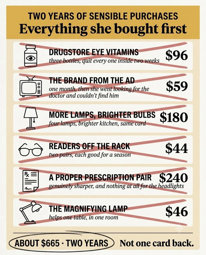 The six things Estela bought before she asked anyone, itemised with prices, each one crossed out