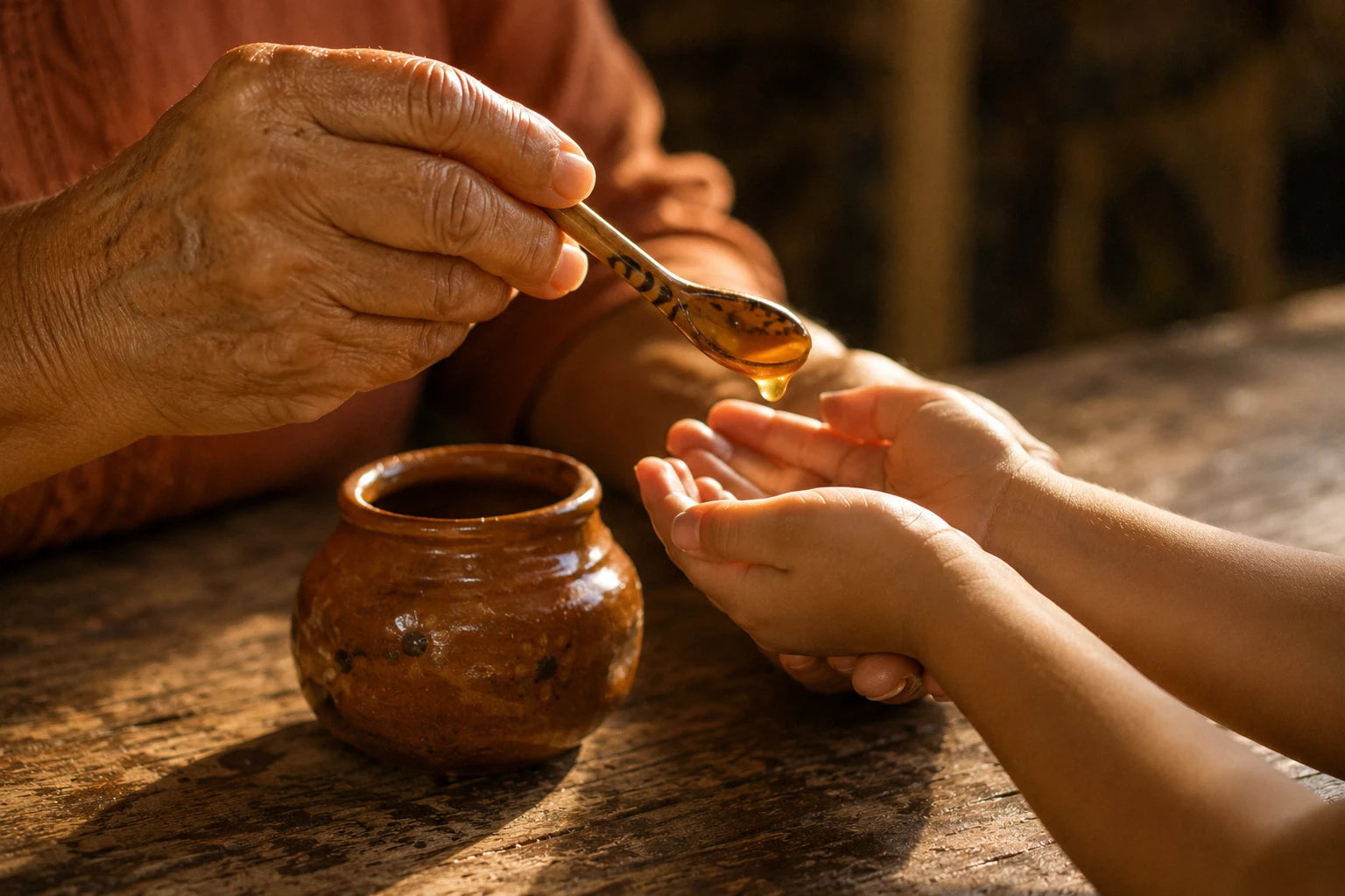 Elderly weathered hands passing a spoonful of amber honey to a child's cupped hands over a worn wooden table