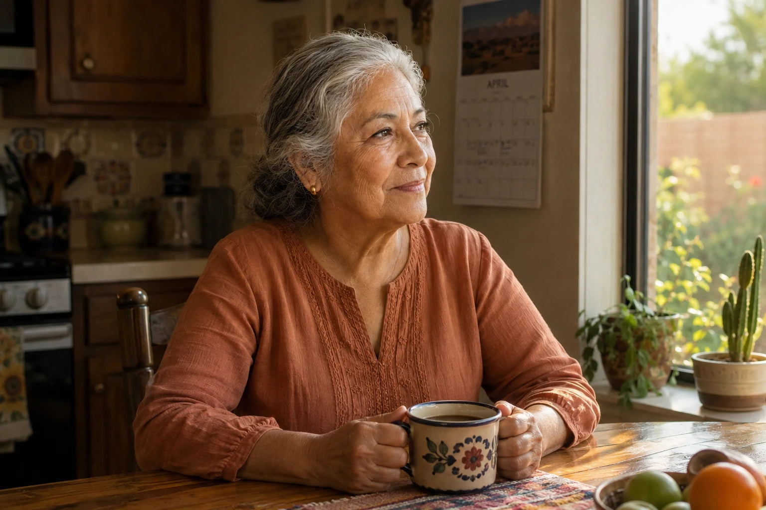 Estela at her kitchen table in the late afternoon with a cup of coffee going cold, looking out at her garden