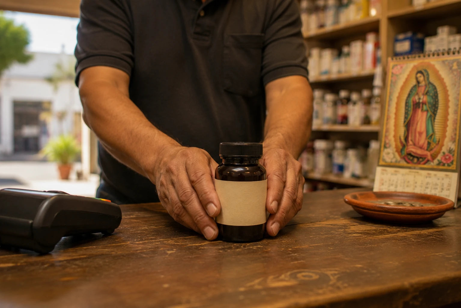 A pharmacy counter from the customer's side: a man's hands setting a supplement bottle down on the counter instead of ringing it up