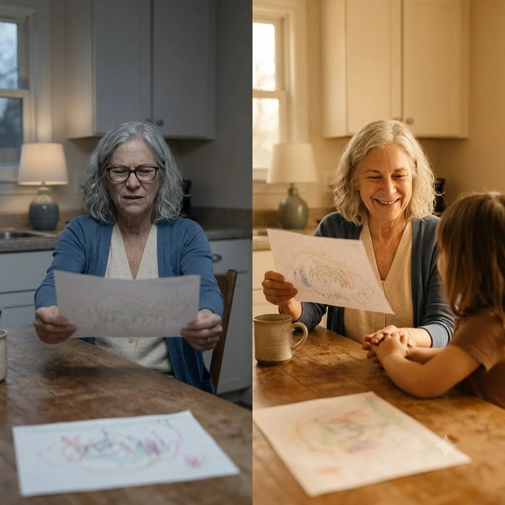 Split panel. Left, Coralie at her kitchen table in cool flat light squinting at a child's crayon drawing held at arm's length. Right, Coralie at the same table in warm light holding the same drawing at a normal distance, reading it aloud to Junie beside her.