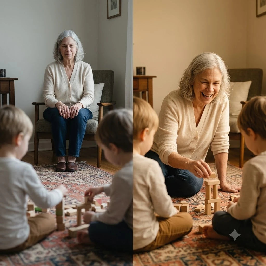 Split panel. Left, Coralie in an armchair set back from a rug, watching two grandchildren play at a distance, hands in her lap. Right, Coralie down on the same rug with them mid-game, both children seen from behind.