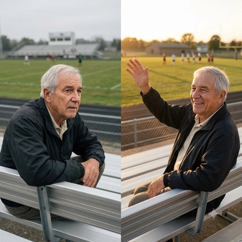 Split panel. Left, Glenn on a bleacher seat at a school field, leaning forward and searching the far side. Right, Glenn on the same bleacher, relaxed, waving at somebody across the field.