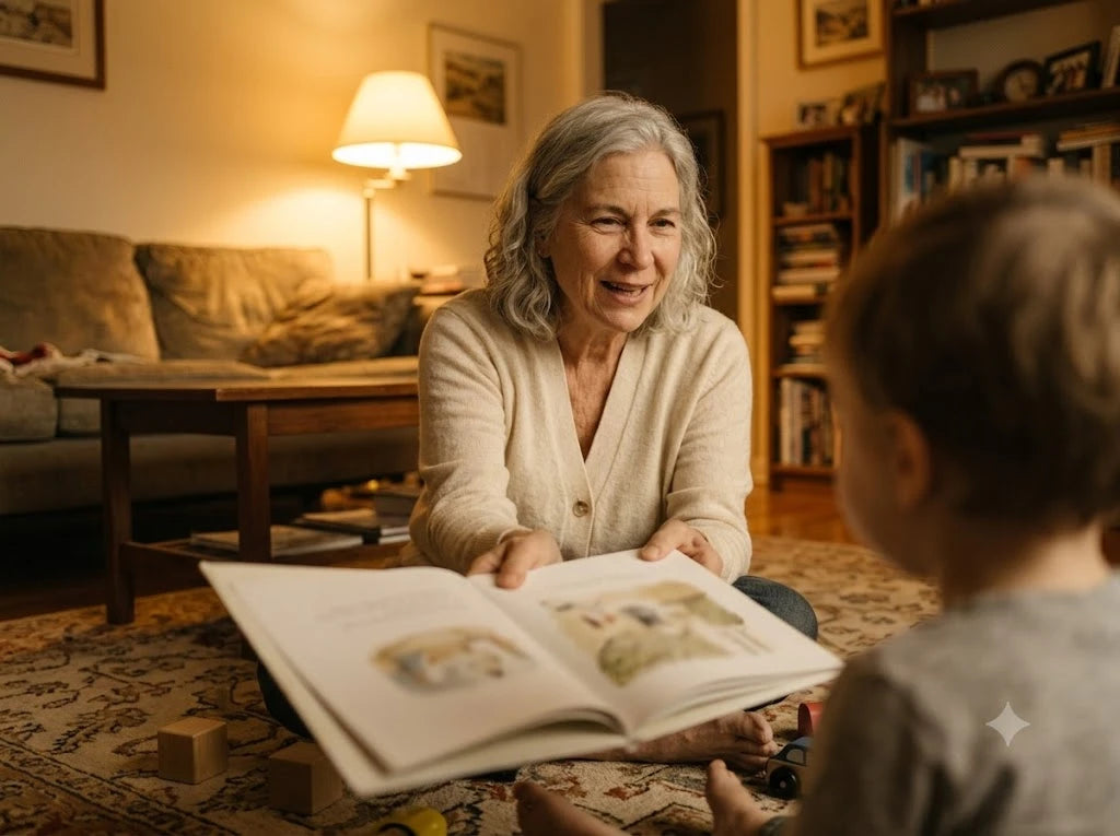 Coralie, 69, kneeling on the living-room rug at her granddaughter's eye level, a picture book open between them, warm lamp light