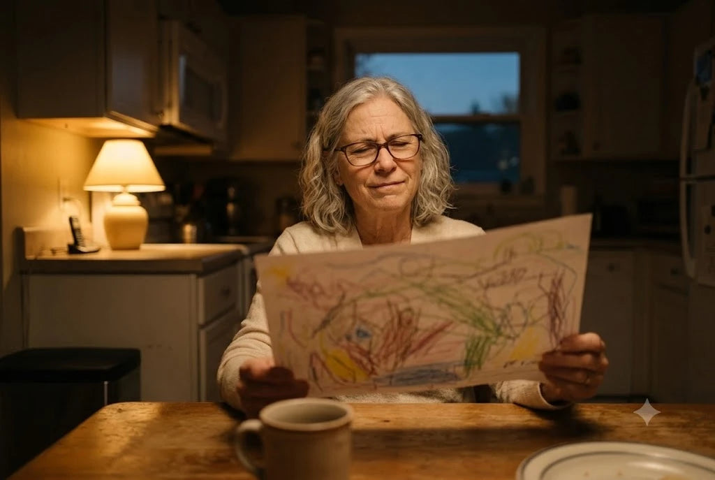 Coralie at the kitchen table at dusk, holding a child's crayon drawing a little too far from her face, working to make out what it is
