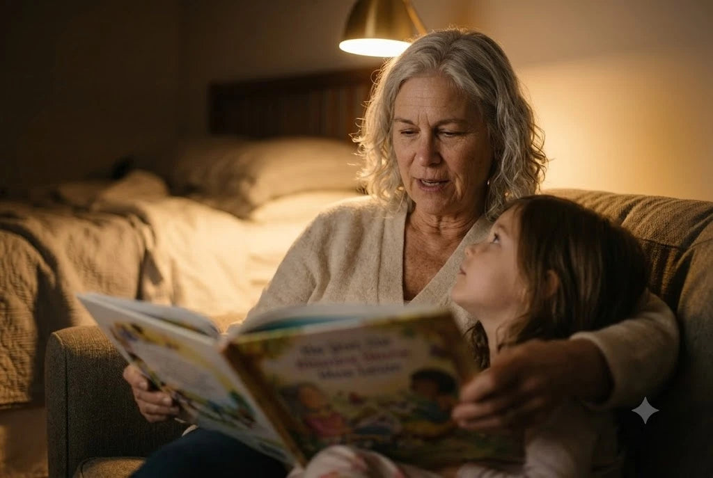Coralie reading a picture book to Junie under a warm lamp, the child looking up at her