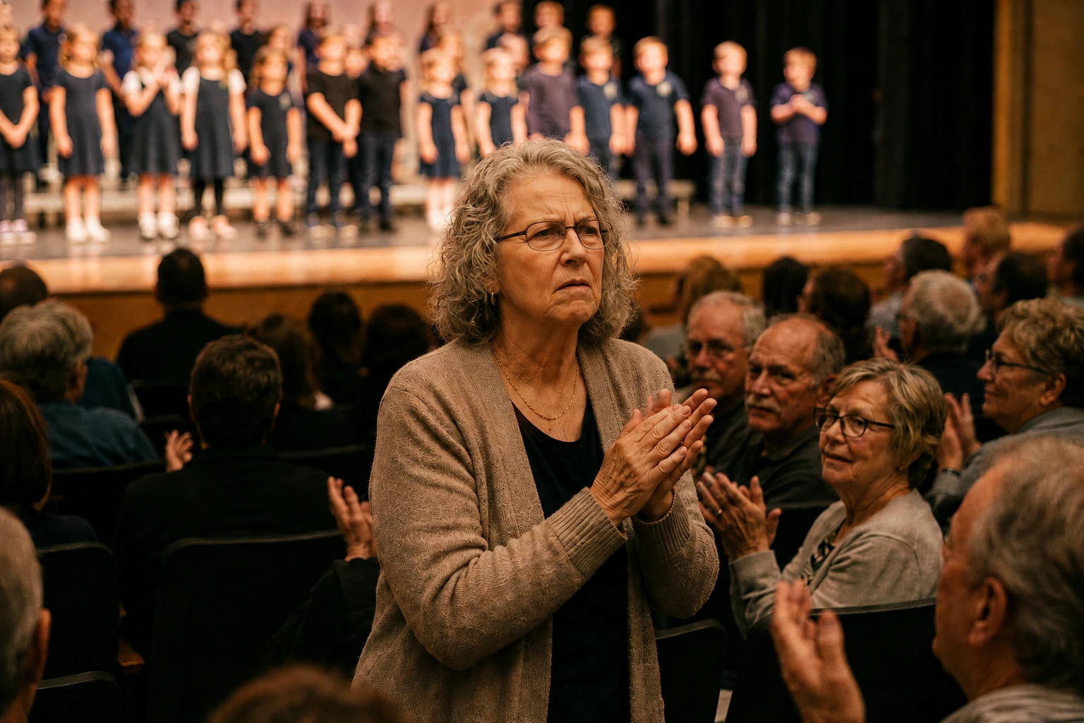 Coralie leaning forward in a row of folding chairs at a school concert, scanning a stage of small indistinct faces while the grandparent beside her waves