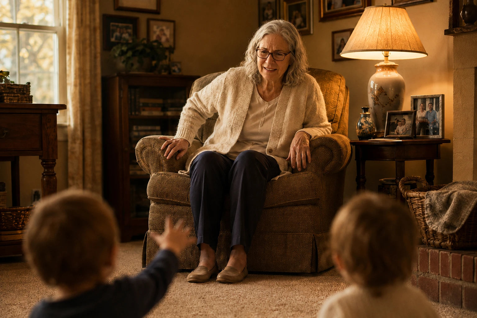 Coralie in an armchair set back from the living-room rug, watching two grandchildren play a board game on the floor without her