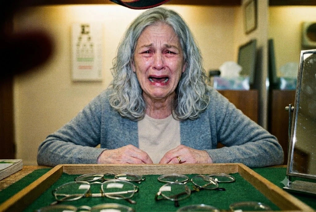 A tray of trial lens frames in sharp focus on an optician's counter, an older woman soft behind it with both hands over her face
