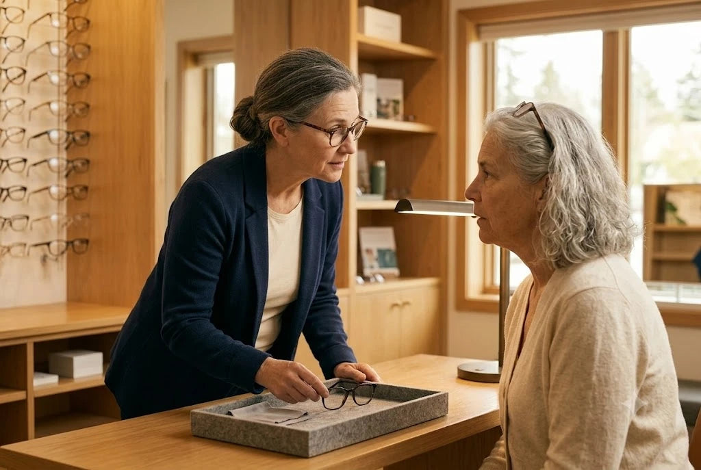 Nora at her fitting counter setting a pair of trial frames down to lean in and speak quietly to an older woman, warm light, a tray of frames between them, no white coat, no clinical machines