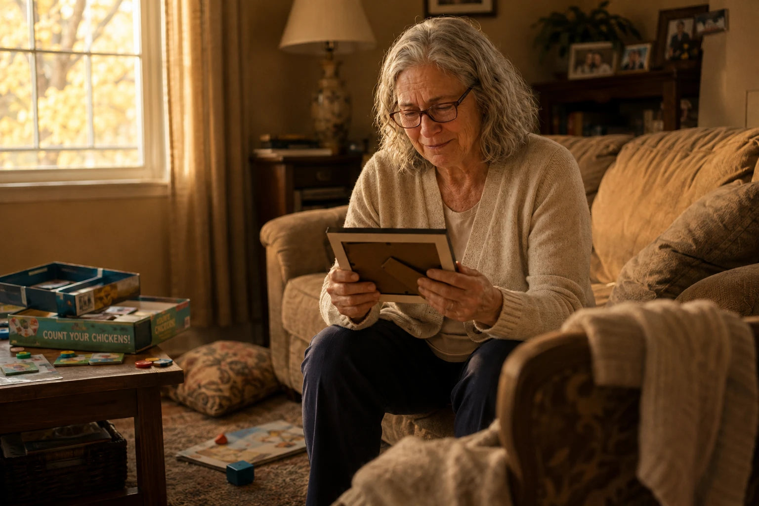 Coralie sitting on the edge of a sofa in the late afternoon holding a child's drawing in both hands, a half-packed board game on the floor